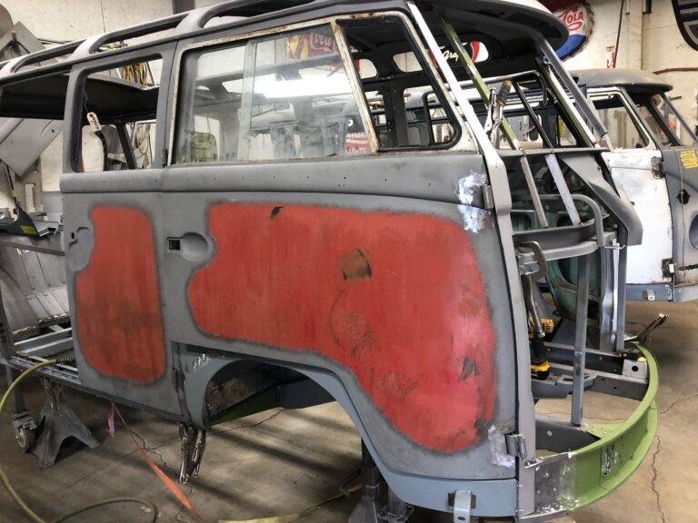 1963 23 window deluxe vw bus nose replacement silver lining auto restoration oregon