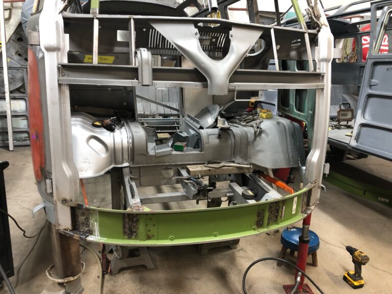 1963 23 window deluxe vw bus nose replacement silver lining auto restoration oregon