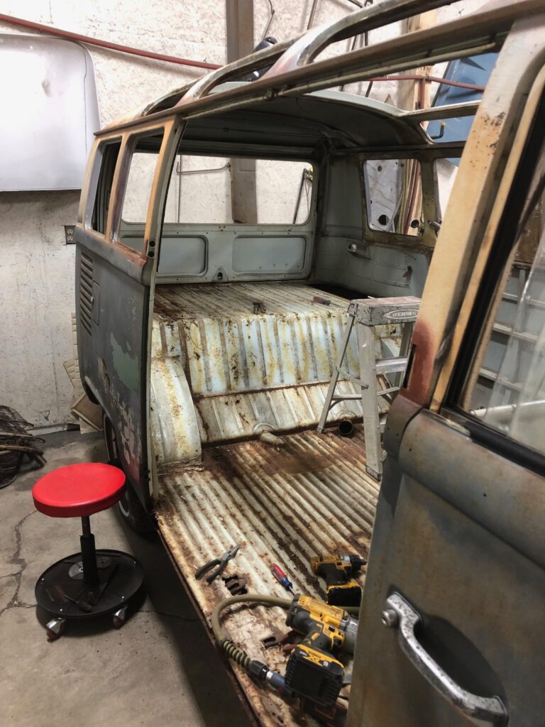 1965 21 window deluxe bus arrival at the shop silver lining auto restoration