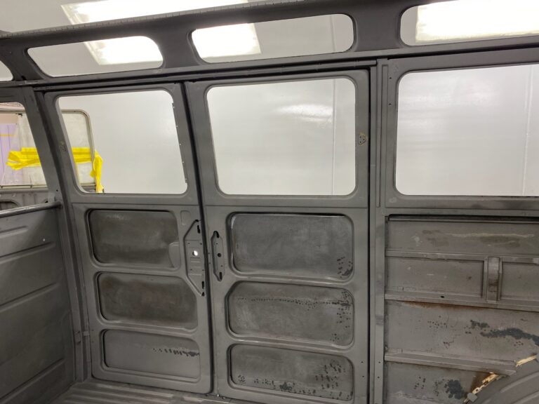 1963 23 window deluxe vw bus in bare metal after metal work silver lining auto restoration