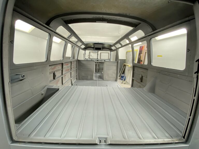 1963 23 window deluxe vw bus in bare metal after metal work silver lining auto restoration