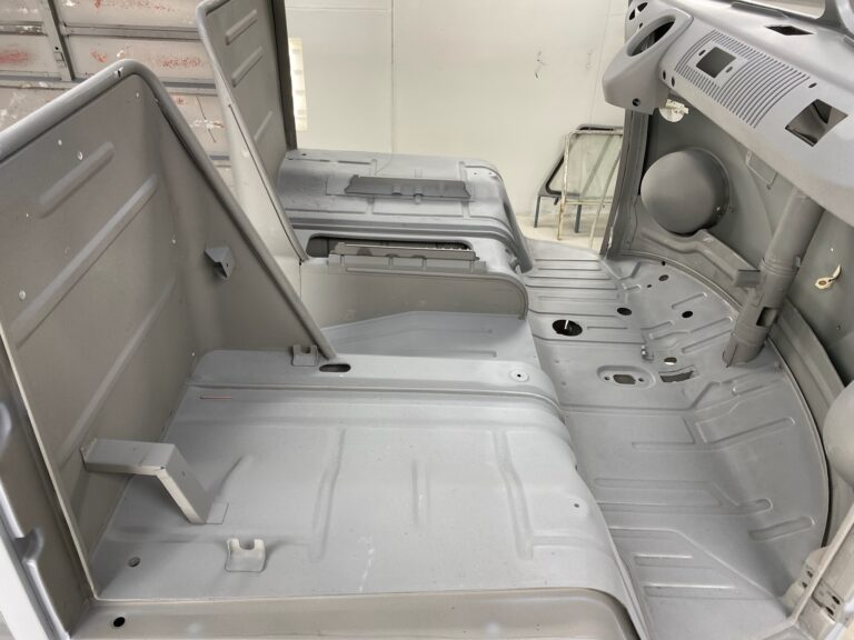 1963 23 window deluxe vw bus in bare metal after metal work silver lining auto restoration