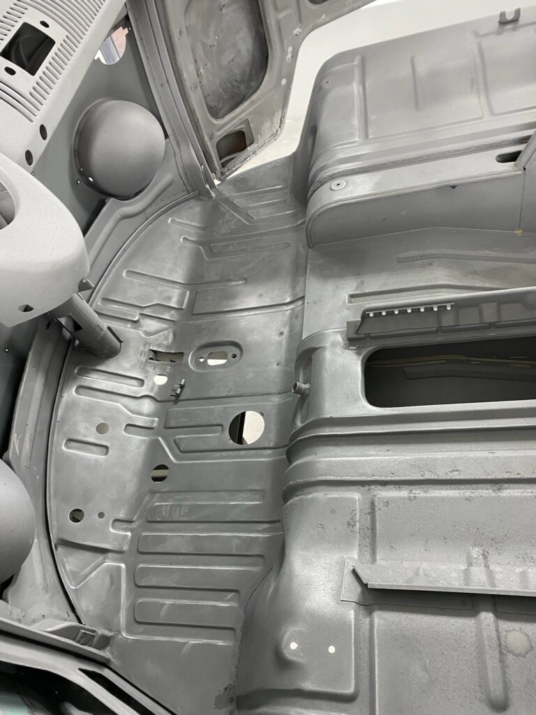 1963 23 window deluxe vw bus in bare metal after metal work silver lining auto restoration