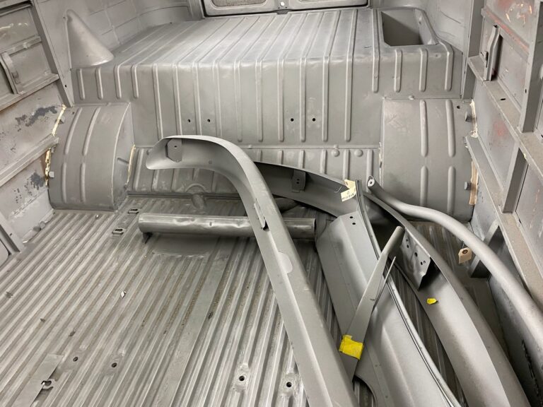 1963 23 window deluxe vw bus in bare metal after metal work silver lining auto restoration