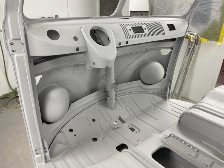 1963 23 window deluxe vw bus body in epoxy silver lining auto restoration