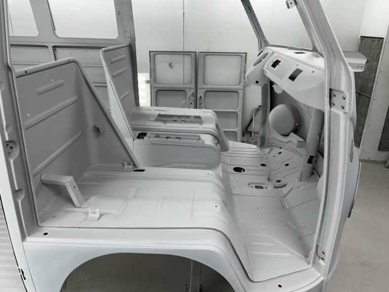 1963 23 window deluxe vw bus body in epoxy silver lining auto restoration