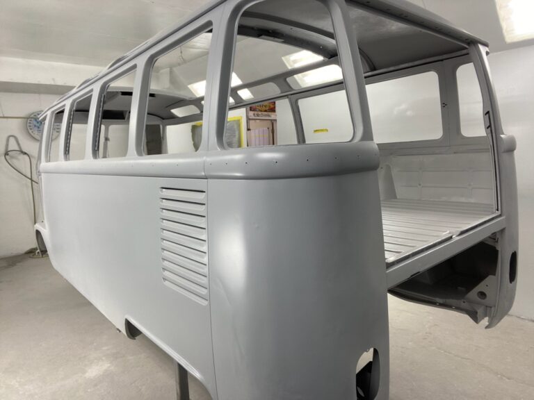 1963 23 window deluxe vw bus body in epoxy silver lining auto restoration