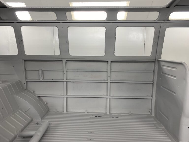 1963 23 window deluxe vw bus body in epoxy silver lining auto restoration