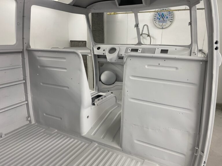 1963 23 window deluxe vw bus body in epoxy silver lining auto restoration