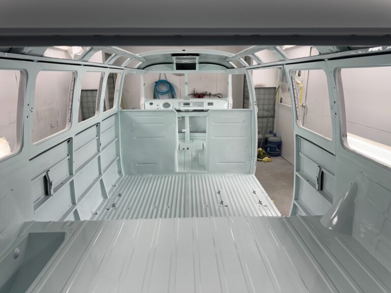 1963 23 window deluxe vw bus interior in paint silver lining auto restoration