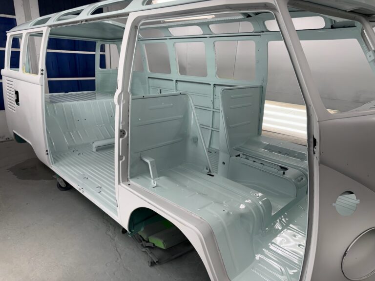 1963 23 window deluxe vw bus interior in paint silver lining auto restoration