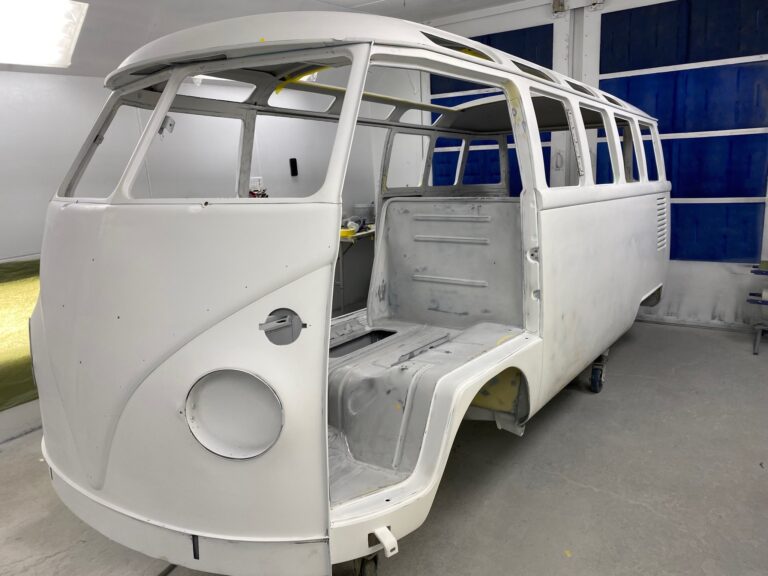 1963 23 window deluxe vw bus roof in paint silver lining auto restoration oregon