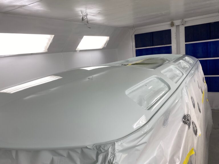 1963 23 window deluxe vw bus roof in paint silver lining auto restoration oregon