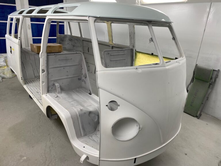 1963 23 window deluxe vw bus roof in paint silver lining auto restoration oregon