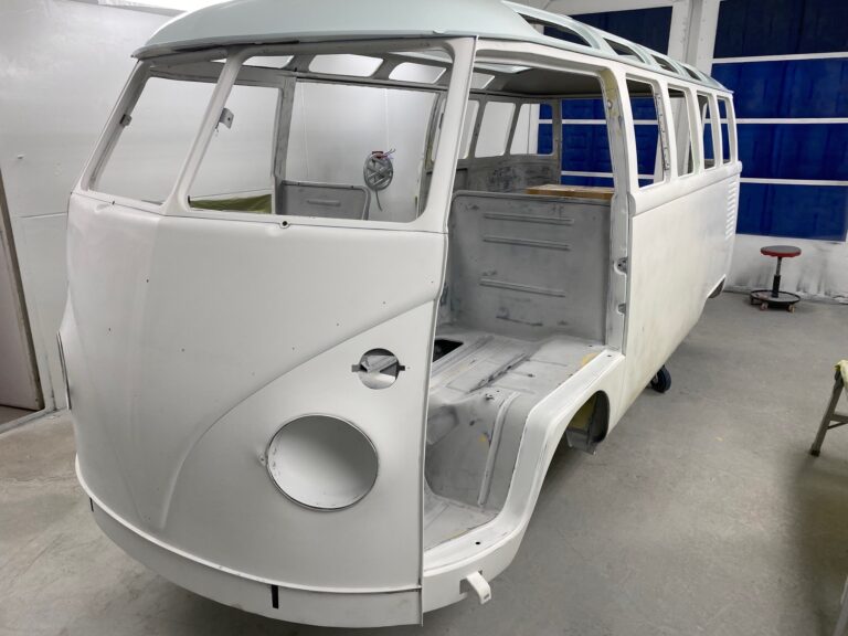 1963 23 window deluxe vw bus roof in paint silver lining auto restoration oregon