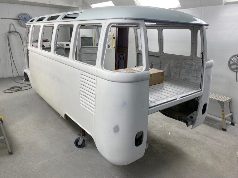 1963 23 window deluxe vw bus roof in paint silver lining auto restoration oregon