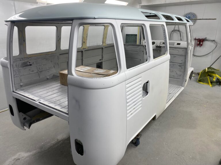 1963 23 window deluxe vw bus roof in paint silver lining auto restoration oregon