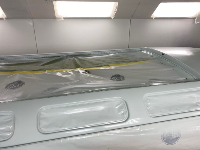 1963 23 window deluxe vw bus roof in paint silver lining auto restoration oregon