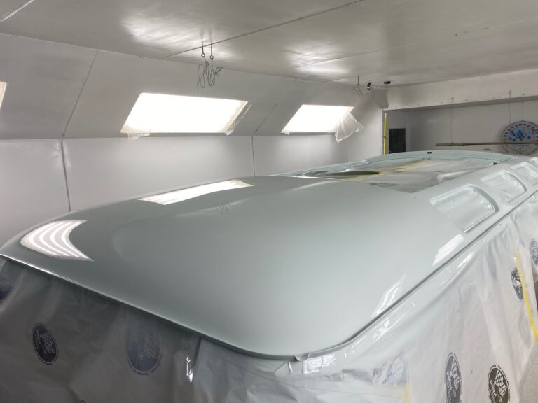 1963 23 window deluxe vw bus roof in paint silver lining auto restoration oregon