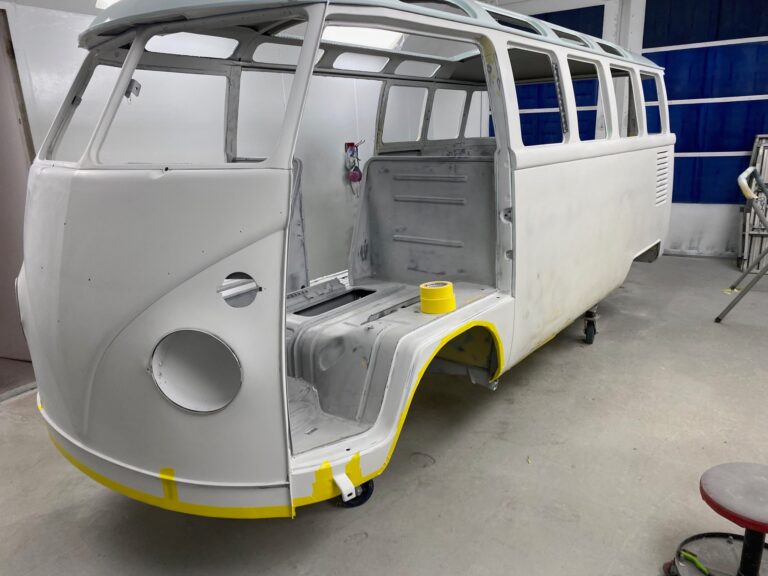 1963 23 window deluxe vw bus under body in paint silver lining auto restoration oregon