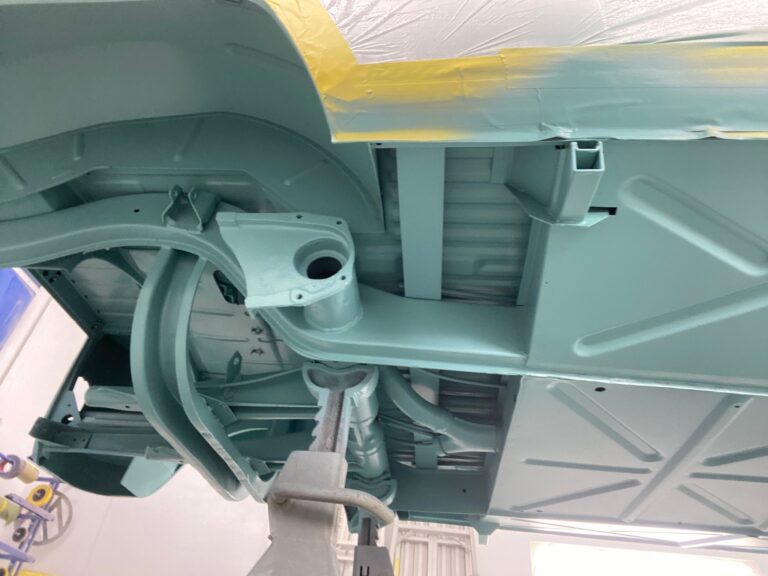 1963 23 window deluxe vw bus under body in paint silver lining auto restoration oregon