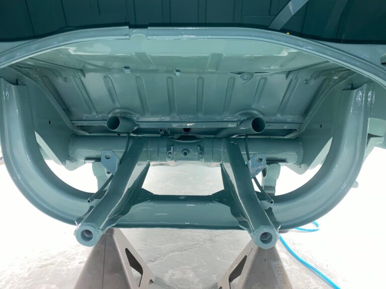 1963 23 window deluxe vw bus under body in paint silver lining auto restoration oregon