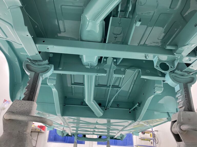 1963 23 window deluxe vw bus under body in paint silver lining auto restoration oregon