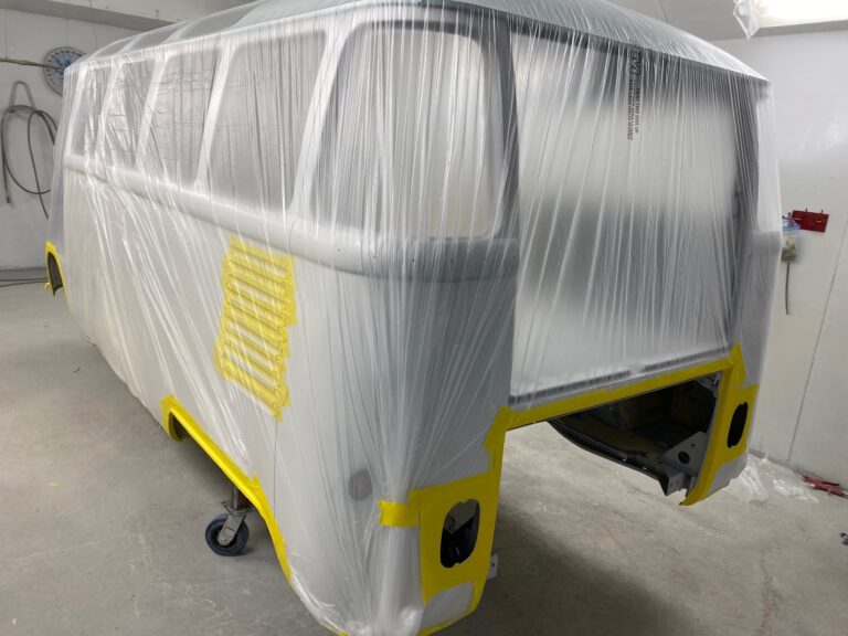 1963 23 window deluxe vw bus under body in paint silver lining auto restoration oregon