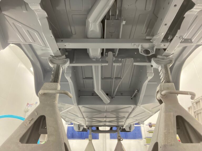 1963 23 window deluxe vw bus under body in paint silver lining auto restoration oregon