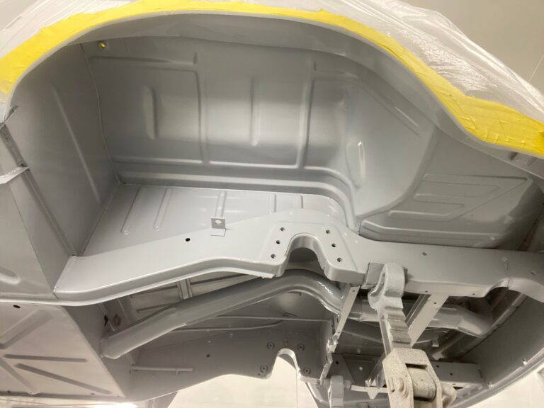 1963 23 window deluxe vw bus under body in paint silver lining auto restoration oregon