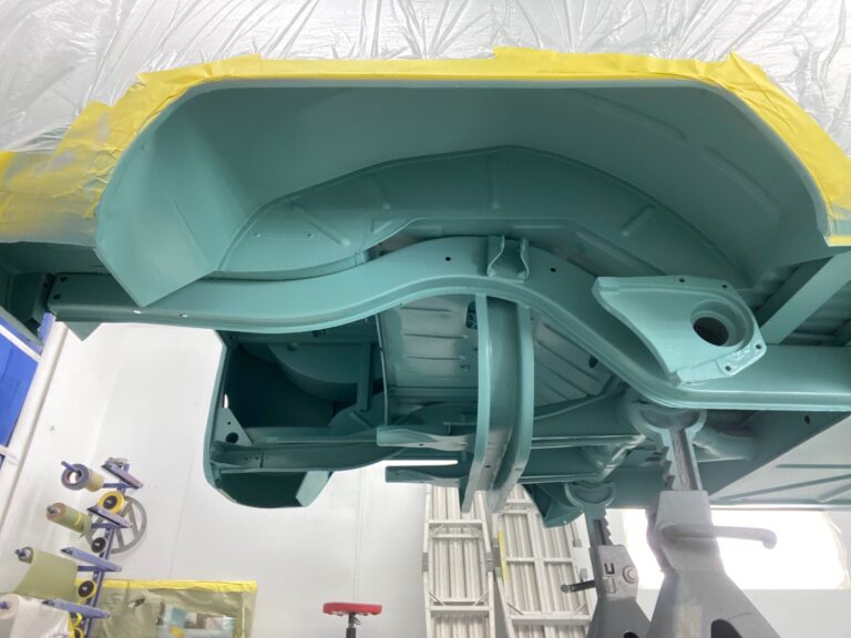 1963 23 window deluxe vw bus under body in paint silver lining auto restoration oregon