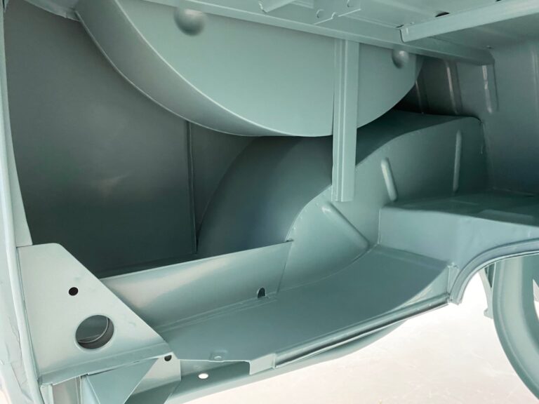 1963 23 window deluxe vw bus under body in paint silver lining auto restoration oregon