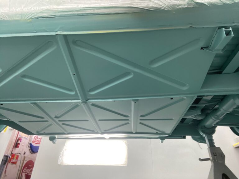 1963 23 window deluxe vw bus under body in paint silver lining auto restoration oregon