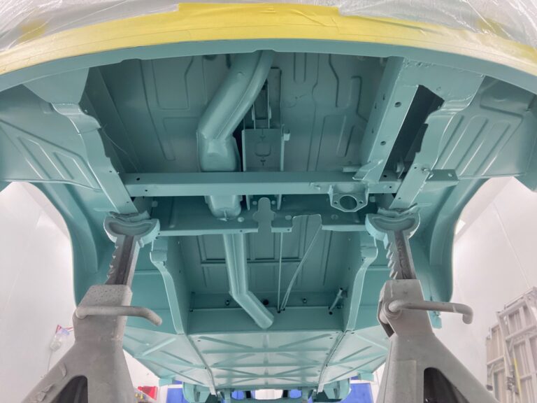 1963 23 window deluxe vw bus under body in paint silver lining auto restoration oregon