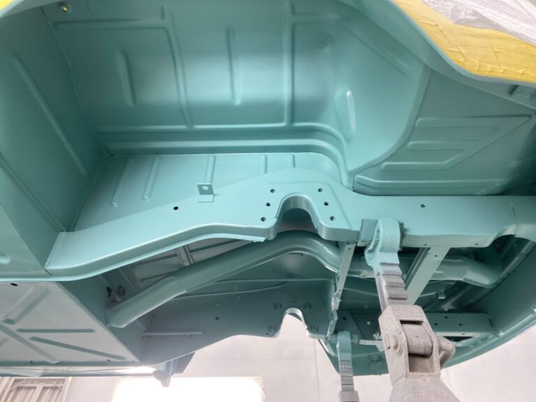 1963 23 window deluxe vw bus under body in paint silver lining auto restoration oregon