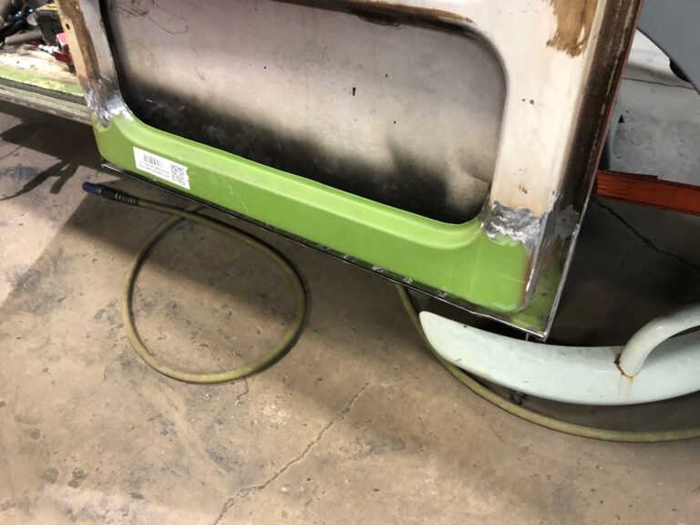 1966 21 window deluxe vw bus cargo door and dogleg rust repair silver lining auto restoration