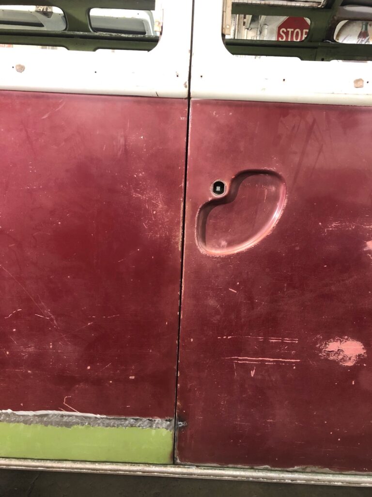 1966 21 window deluxe vw bus cargo door and dogleg rust repair silver lining auto restoration