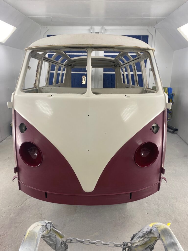 1966 21 window deluxe vw bus exterior paint blend silver lining auto restoration