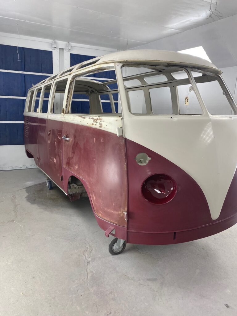 1966 21 window deluxe vw bus exterior paint blend silver lining auto restoration