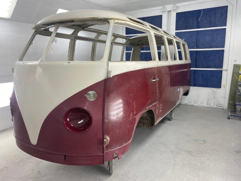 1966 21 window deluxe vw bus exterior paint blend silver lining auto restoration