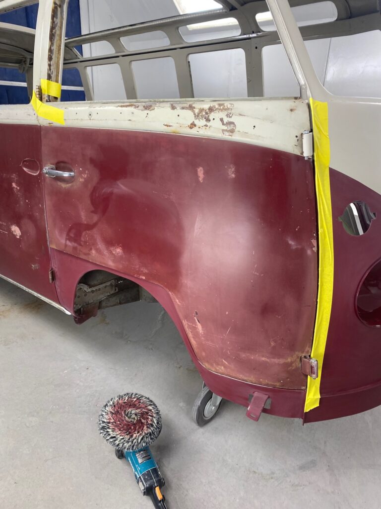 1966 21 window deluxe vw bus exterior paint blend silver lining auto restoration