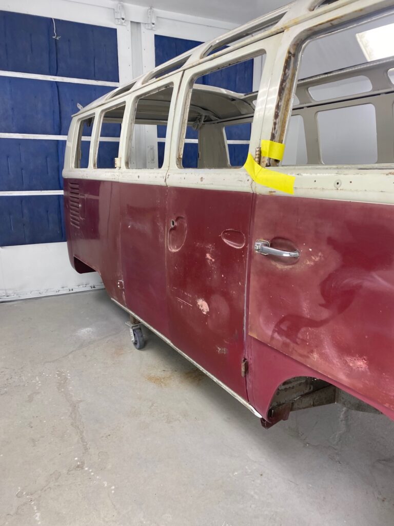 1966 21 window deluxe vw bus exterior paint blend silver lining auto restoration