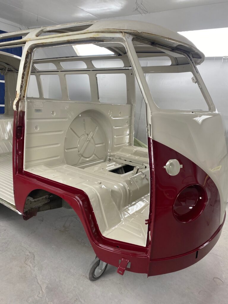 1966 21 window deluxe vw bus exterior paint blend silver lining auto restoration
