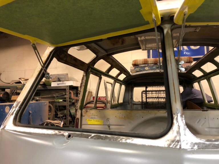 1966 21 window deluxe bus front floor and safari windows install silver lining auto restoration