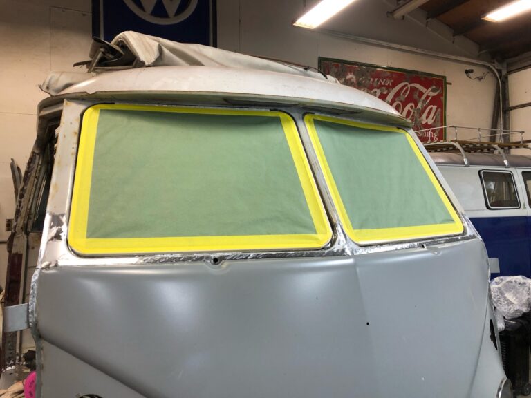 1966 21 window deluxe bus front floor and safari windows install silver lining auto restoration