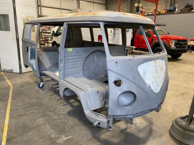 1966 vw microbus arrival and shop and post media blast silver lining auto restoration