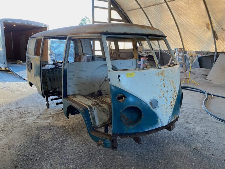 1966 vw microbus arrival and shop and post media blast silver lining auto restoration