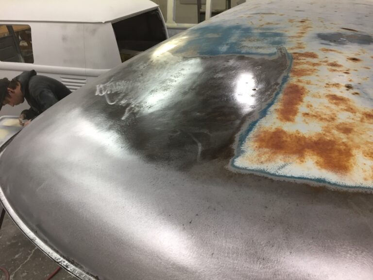 1966 vw microbus body and components stripped to bare metal silver lining auto restoration