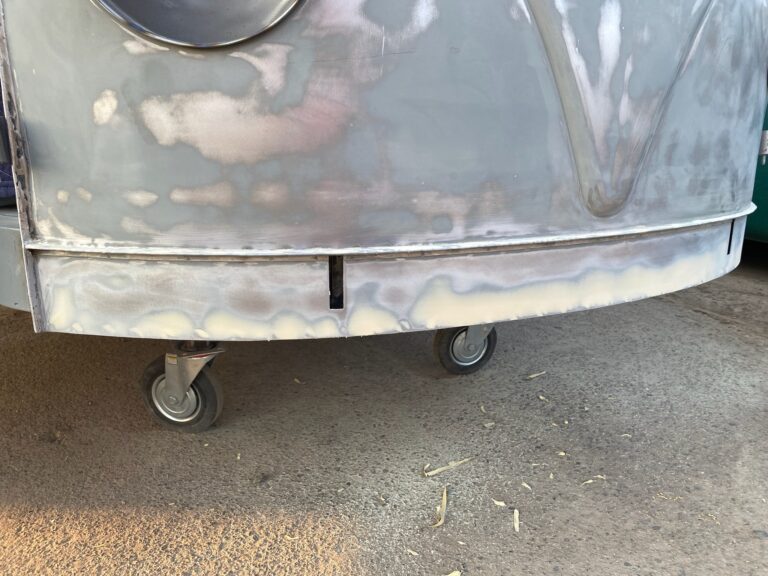 1966 21 window deluxe vw bus sheet metal prep for paint silver lining auto restoration