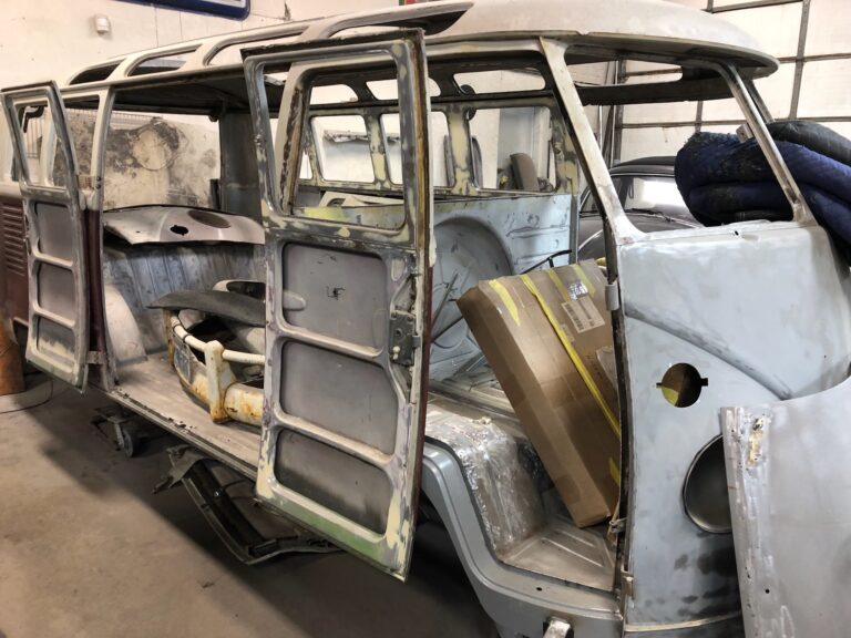 1966 21 window deluxe vw bus sheet metal prep for paint silver lining auto restoration